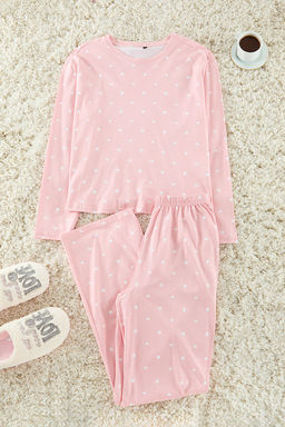 Pembe %100 Pamuklu Puantiye ve Kalpli Orme Pijama Tak?m? THMAW25PT00039