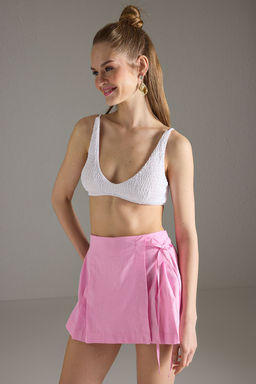 Pembe Dokuma Baglama Detayl? 100% Pamuk Plaj Sort Etek TBESS25SR00016