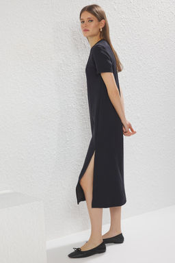 Siyah Modal Icerikli Efektli Shift/Duz Kesim K?sa Kol Midi Orme Elbise TWOSS25EL00372 - Trendyolmilla фото 3