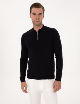 Lacivert Regular Fit Pamuk Kar___ml_ Fermuarl_ Polo Yaka Basic Triko Kazak
