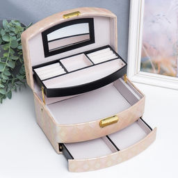 Шкатулка кожзам для украшений сундук Сеть из ромбов. Сливочный перламутр 13х16х23 см - Simaland фото 3