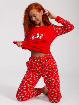 Костюм женский кулирка с брюками "ЗИМНИЙ ЛЕС" КРАСНЫЙ