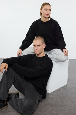 Siyah Oversize Couple/_ift Bisiklet Yaka D_z Triko Kazak TMNAW23KZ00189