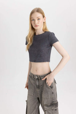 Классная приталенная базовая футболка с выцветшим эффектом и короткими рукавами - Defacto фото 4