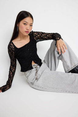 Teen Siyah Dugmeli Fitted/Vucuda Oturan Dantel Orme Bluz TWOAW26BZ00016