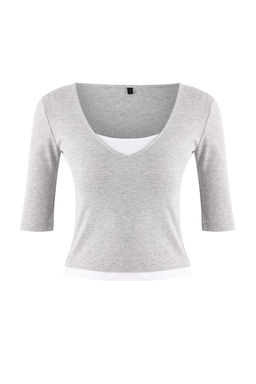 Gri Melanj Fitted/Vucuda Oturan V Yaka Truvakar Pamuk Ribana Orme Bluz TWOSS26BZ00068