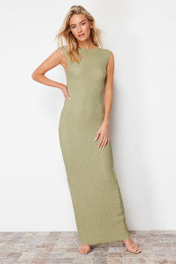 Haki Dokulu Kumas Fitted/Vucuda Oturan Ay Kol Esnek Orme Midi Kalem Elbise TWOSS24EL00103