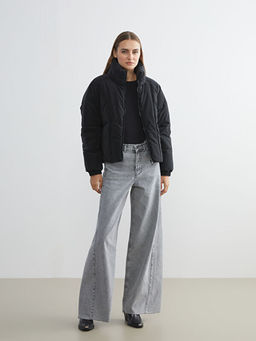 Dik Yaka Oversize Deri G?r?n?ml? Kad?n ?i?me Mont