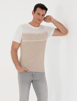 Bej Slim Fit Bisiklet Yaka Triko T-Shirt