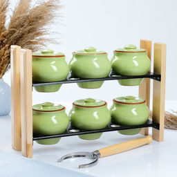 Горшочки для запекания Вятская керамика, набор 6 шт., ухват, полка, 500 мл, салатовый