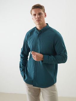 Regular Fit Uzun Kollu Keten Kar???ml? Erkek G?mlek