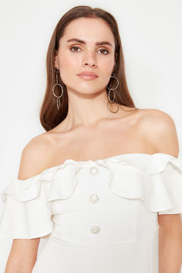 Bridal Ekru Astarl? Volanl? Dokuma Abiye Gece Elbise TPRSS21EL1403 - Trendyolmilla фото 5