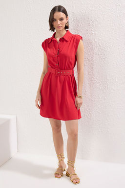 K?rm?z? Kemerli Duz A Kesim Kemerli K?sa / Mini Dokuma Elbise TWOSS25EL00551