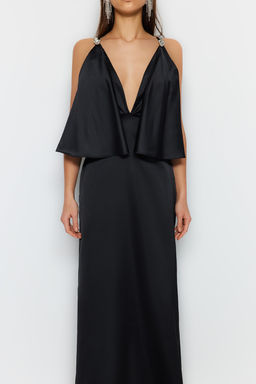 Siyah Tas Ask? Detayl? V Yaka Uzun Gece Abiye Elbise TPRSS23AE00220 - Trendyolmilla фото 5