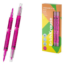 АКЦИЯ СТОК Цена за 12 шт. Двухсторонний текстмаркер ErichKrause Visioline V-16 Brush Neon, цвет чернил розовый (в коробке по 12 шт.)