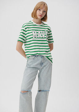 Mavi Logo Bask?l? Yesil Cizgili Tisort
