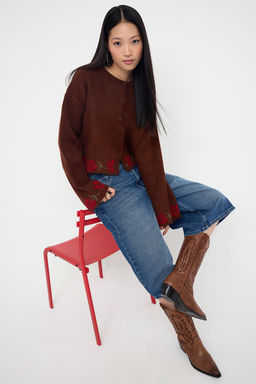 Kahverengi Yumusak Dokulu Cicek Desenli Triko H?rka TWOAW26HI00152