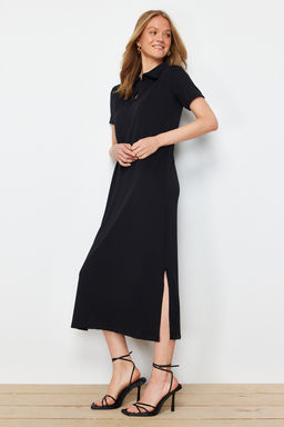 TRENDYOLMILLA Siyah Polo Yaka Shift/Normal Kesim Midi Esnek Orme Elbise TWOSS24EL01012 фото 3