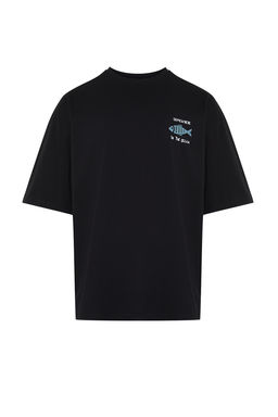 Siyah Oversize/Genis Kesim %100 Pamuklu Kadife Doku Bask?l? T-Shirt TMNSS22TS0318