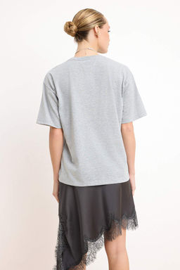 Gri Melanj %100 Pamuk Slogan Bask?l? Relaxed/Genis Rahat Kesim Orme T-Shirt TWOSS19GH0034