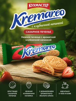 Печенье Кухмастер Kremareo с клубничной начинкой сахарное 100 г