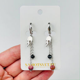 Серьги на цепочке из Родонита и Шпинели