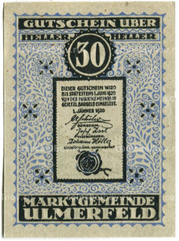 Банкнота 30 геллеров 1920 года Австрия  Ульмерфельд (нотгельд)