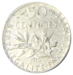 Монета 50 сантимов 1915 года Франция