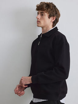 Fermuarl? Polo Yaka Erkek Dokulu Sweatshirt