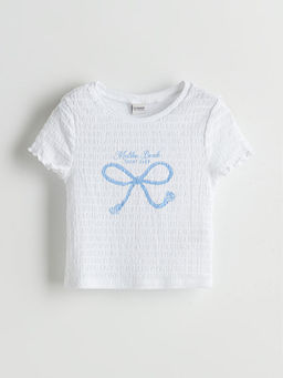 Bisiklet Yaka Fiyonk Bask?l? K?z ?ocuk Ti??rt