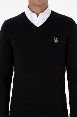 Erkek Slim Fit V Yaka Siyah Basic Kazak