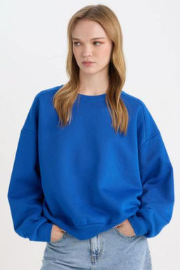 Coool Oversize Genis Kal?p Bisiklet Yaka Kal?n Basic Duz Sweatshirt