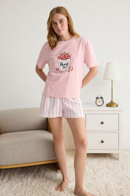 Trendyolmilla Pembe %100 Pamuklu Kalpli Cizgili Sortlu Orme Pijama Tak?m? THMSS25PT00080