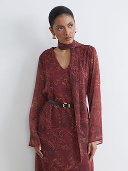 ?al Yaka Desenli ?spanyol Kollu Kemerli Elbise