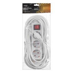 Удлинитель Luazon Lighting, 3 розетки, 10 м, 6 А, 1300 Вт, 3×0.75 мм2, с заземлением, с выключателем, белый
