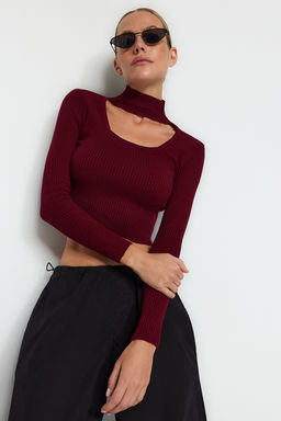 Bordo Crop Dik Yaka Triko Kazak TWOAW24KZ01206