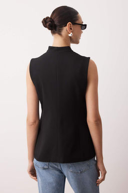 Siyah Gizli Dugmeli Dik Yaka Dokuma Yelek TWOAW26YE00027