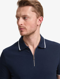 Lacivert Slim Fit %100 Pamuk Fermuarl_ Polo Yaka Ti__rt