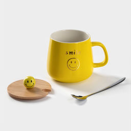 Кружка керамическая «Смайл», 350 мл, с деревянной крышкой и ложкой, цвет и рисунок МИКС