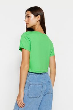 Mavi-Yesil 2li Paket %100 Pamuk Crop Bisiklet Yaka Orme T-Shirt TWOSS20TS1480