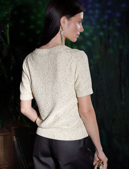 Джемпер с V вырезом и коротким рукавом из хлопковой пряжи с пайетками - Vilatte фото 3