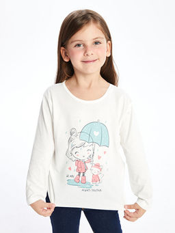 Bisiklet Yaka Uzun Kollu Bask?l? K?z ?ocuk Ti??rt