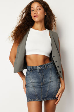 TRENDYOLMILLA Koyu Mavi More Sustainable Soluk Efekt Vintage Yuksek Bel Mini Denim Etek TWOSS24ET00082 фото 7