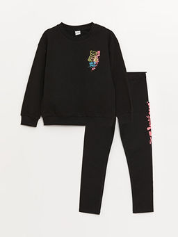 Bisiklet Yaka Bask?l? Uzun Kollu K?z ?ocuk Sweatshirt ve Tayt