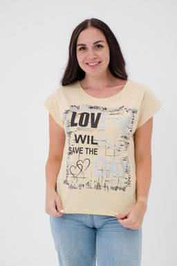 Футболка женская со спущенным плечом из кулирки Лира топленое молоко с принтом Love - Амадэль фото 8