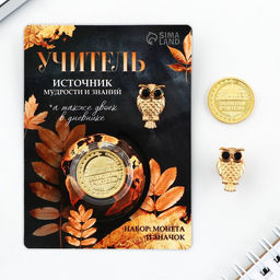 Набор монета и значок Учитель, 7.5 х 10 см