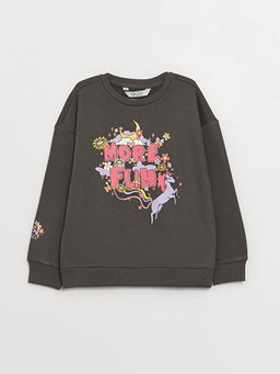 Bisiklet Yaka Bask?l? Uzun Kollu K?z ?ocuk Sweatshirt