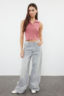 Trendyolmilla Siyah Fitted/Vucuda Oturan Polo Yaka Crop Esnek Orme Bluz TWOSS22BZ0335  фото 21