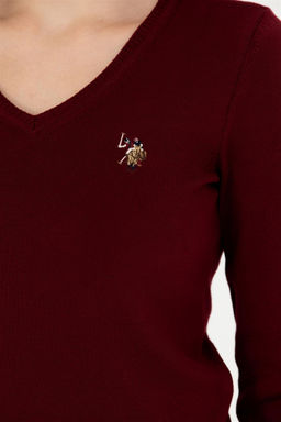 Женский бордовый базовый свитер с v-образным вырезом Неожиданная скидка в корзине - U.s. polo assn фото 7