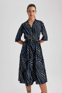 Платье миди с воротником-рубашкой и узором до половины рукава - Defacto фото 5